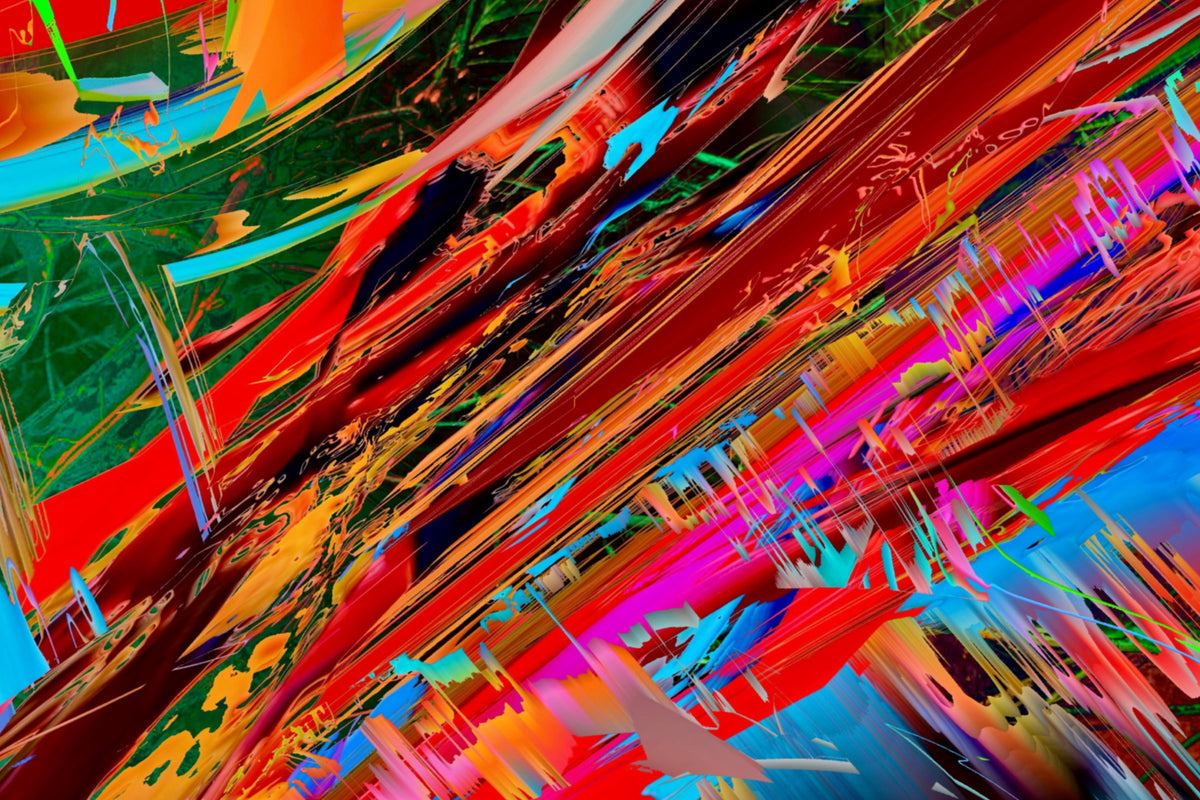 Red, orange and cyan streaked diagonally into glitched bands — detail from a mankofunk work