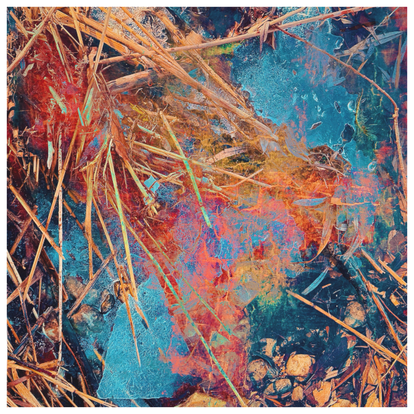 Dry reeds over teal ice, washed in vermilion and rust — cold resonance, fine art print by ad.inf, Sascha Markus Huth