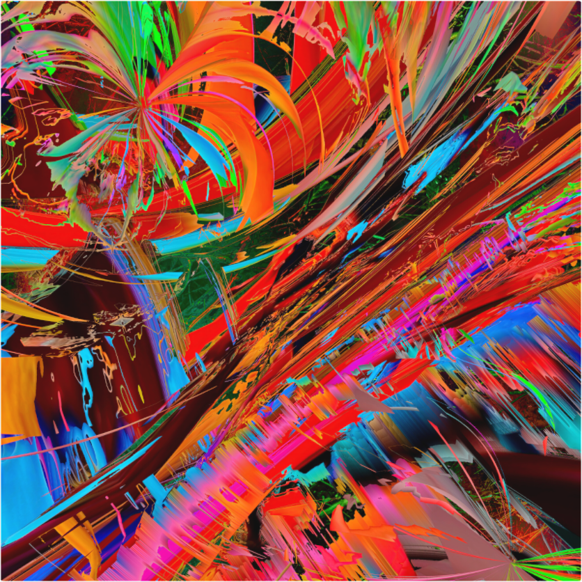 Orange, coral and turquoise bands stretched into diagonal motion — oszillae, fine art print by mankofunk, Sascha Markus Huth