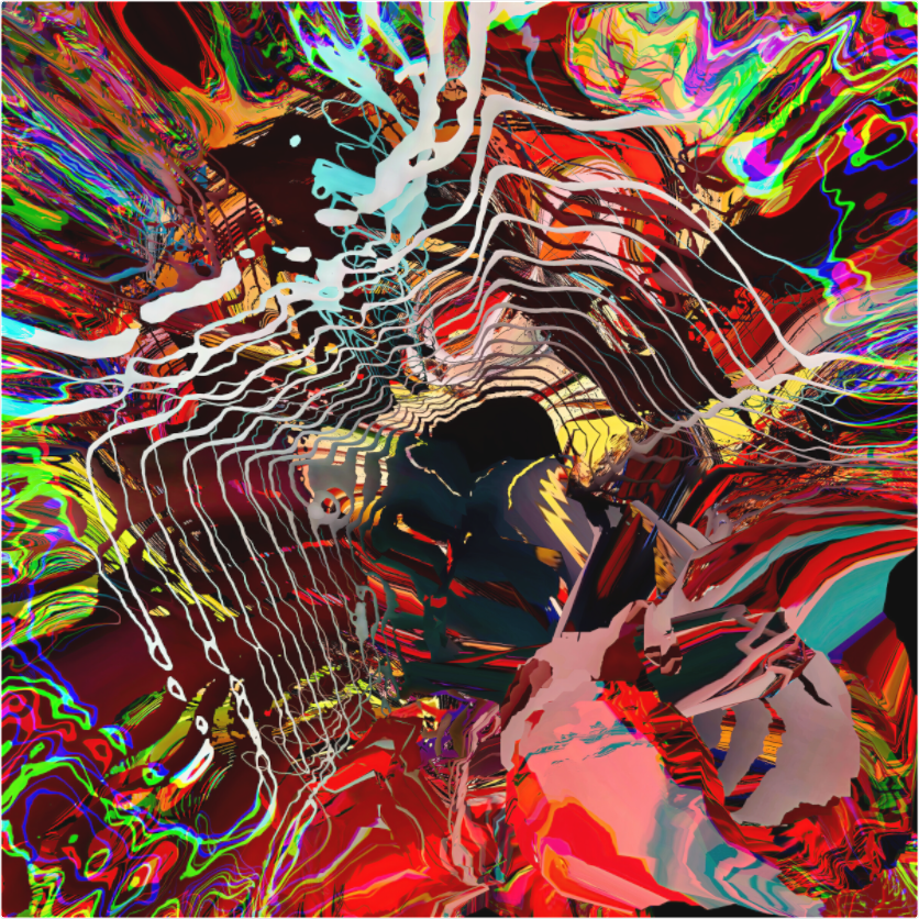 Cascades of white rippling lines over psychedelic crimson — reverb, fine art print by mankofunk, Sascha Markus Huth