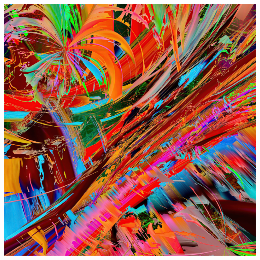 Orange, coral and turquoise bands stretched into diagonal motion — oszillae, fine art print by mankofunk, Sascha Markus Huth