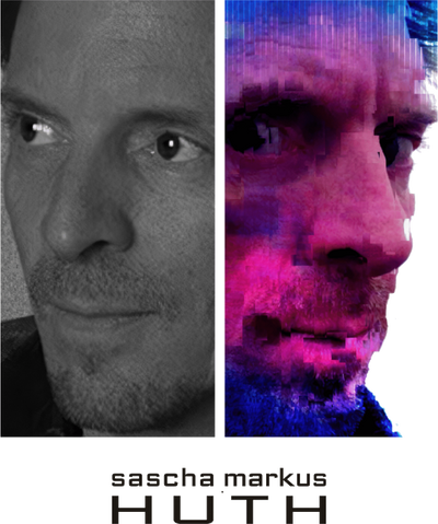 Sascha Markus Huth, eine Gesichtshälfte in Schwarz-Weiß, die andere verpixelt in Magenta und Blau