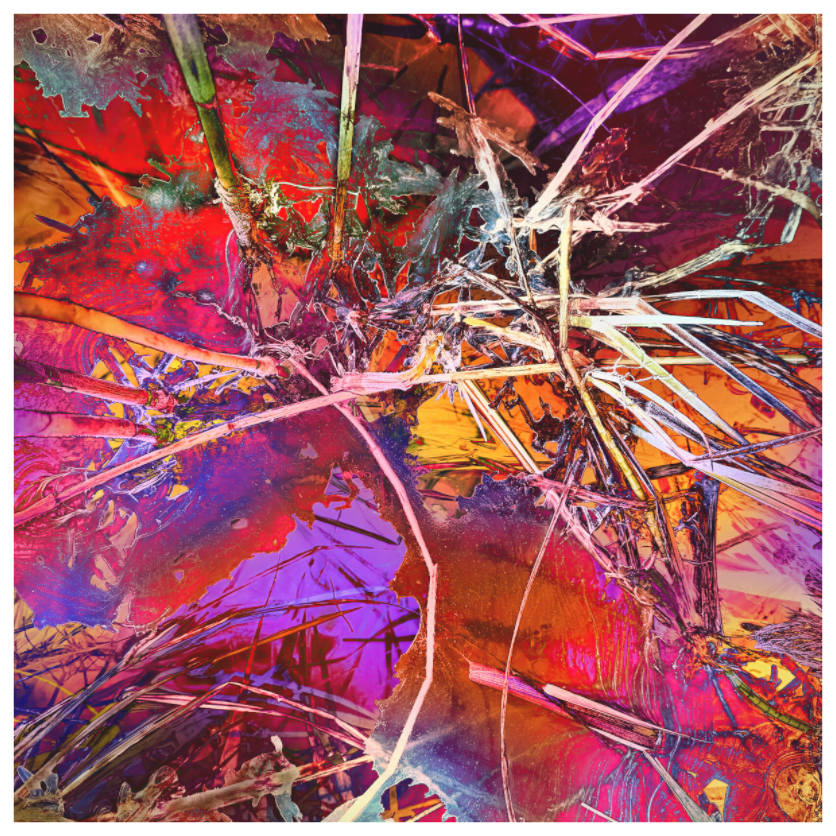 Glazed stems and leaves against glowing magenta, red and violet — frostbitten prism, fine art print by ad.inf, Sascha Markus Huth